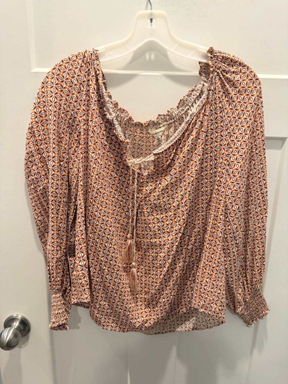 Max Studio Boho Blouse Small Tassel Tie Peasant Top Smocked Neck Long Sleeve - Picture 1 of 11